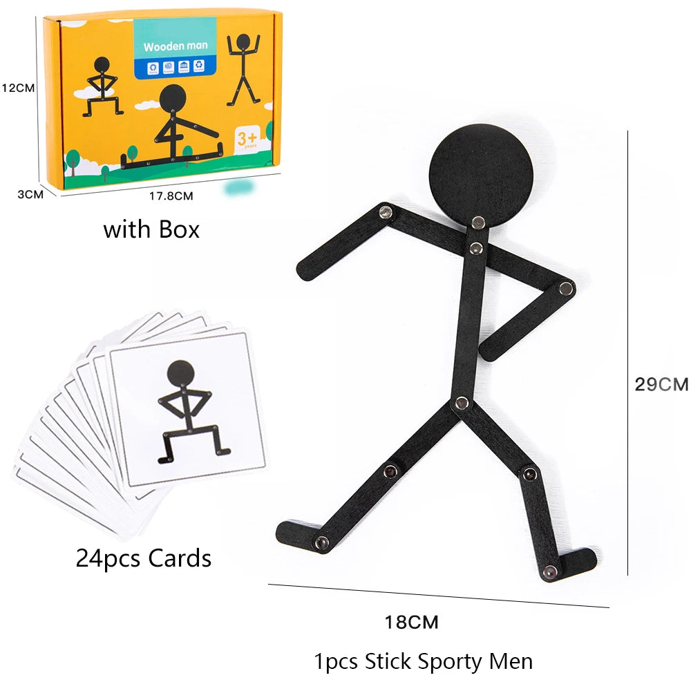 Bonhomme Articulé Montessori + 24 Cartes (48 Poses) – Jeu d'Imitation et de Motricité pour Enfants 3 Ans et + | Cadeau Éducatif