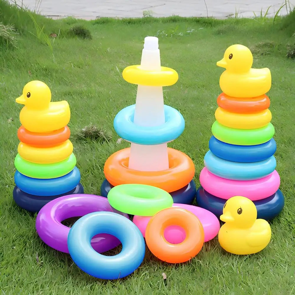 Tour d'Empilage Arc-en-Ciel Montessori – Jouet Éducatif Bébé avec Canard | Anneaux Colorés