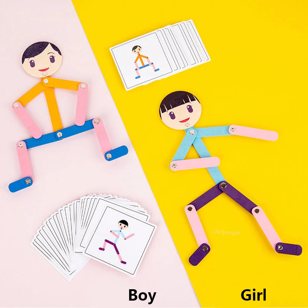 Bonhomme Articulé Montessori + 24 Cartes (48 Poses) – Jeu d'Imitation et de Motricité pour Enfants 3 Ans et + | Cadeau Éducatif