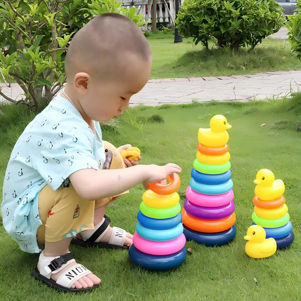 Tour d'Empilage Arc-en-Ciel Montessori – Jouet Éducatif Bébé avec Canard | Anneaux Colorés