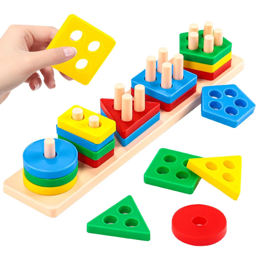 🌈 Jeu Montessori en Bois – Tri de Formes & Couleurs sur Colonnes | Jouet d'Éveil Éducatif Bébé & Enfant (Certifié CE)