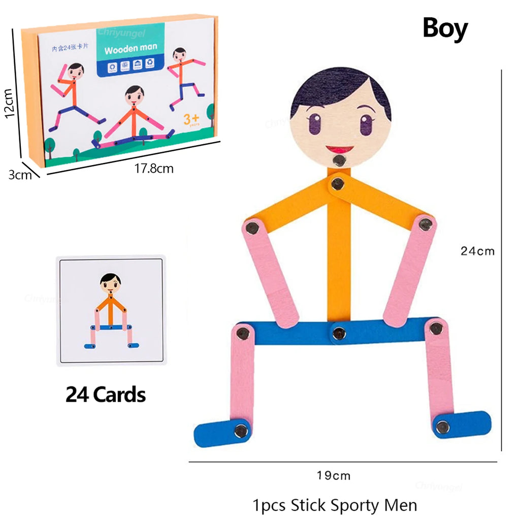 Bonhomme Articulé Montessori + 24 Cartes (48 Poses) – Jeu d'Imitation et de Motricité pour Enfants 3 Ans et + | Cadeau Éducatif