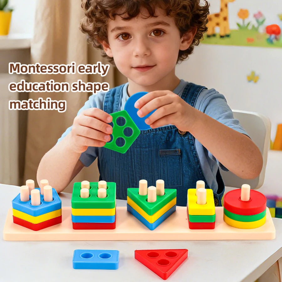 🌈 Jeu Montessori en Bois – Tri de Formes & Couleurs sur Colonnes | Jouet d'Éveil Éducatif Bébé & Enfant (Certifié CE)