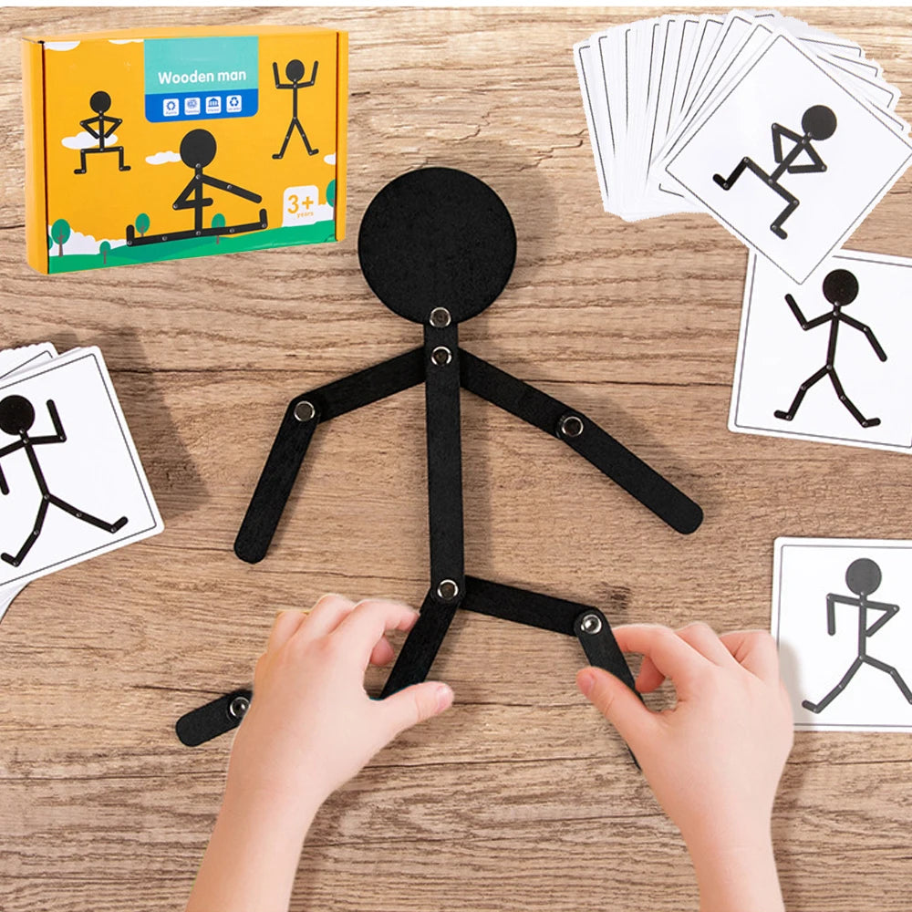 Bonhomme Articulé Montessori + 24 Cartes (48 Poses) – Jeu d'Imitation et de Motricité pour Enfants 3 Ans et + | Cadeau Éducatif